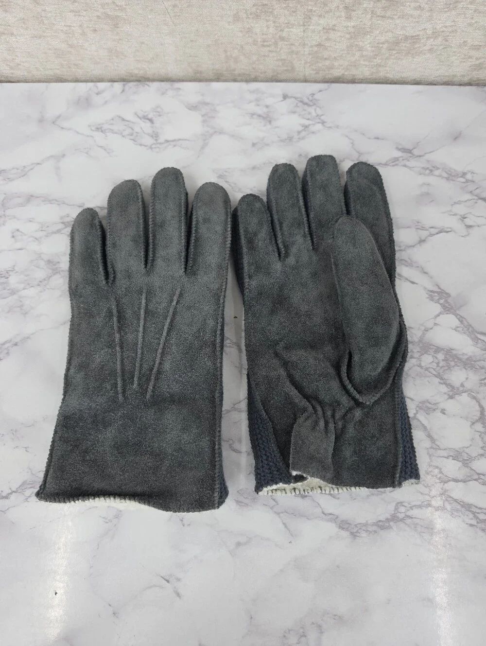 Men's Gray Suede Leather and Knit Gloves Fleece Lining Size Large
